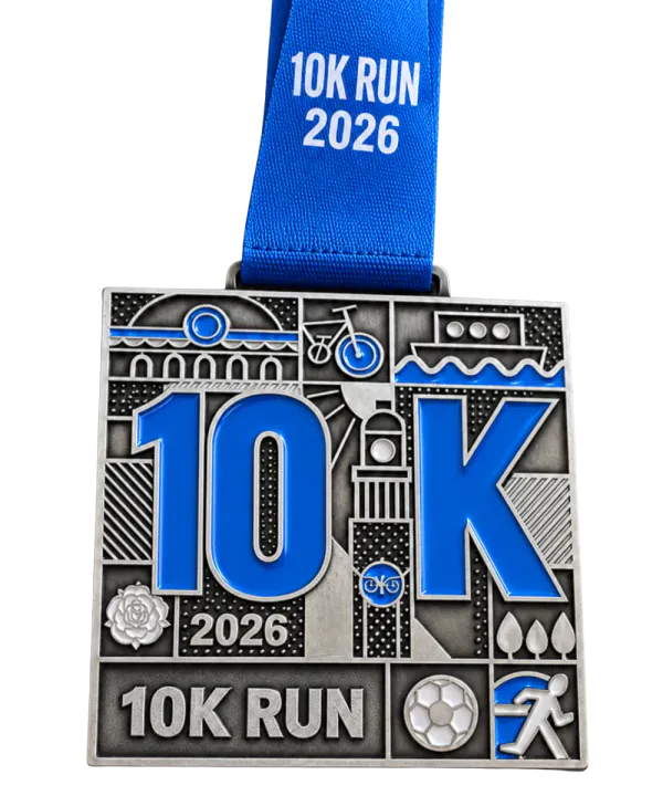 10K run medal: the same cast design with a blue enamel 10K and a blue printed ribbon