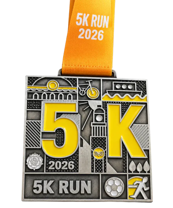 5K run medal: cast silver medal with a yellow enamel 5K and a yellow printed ribbon