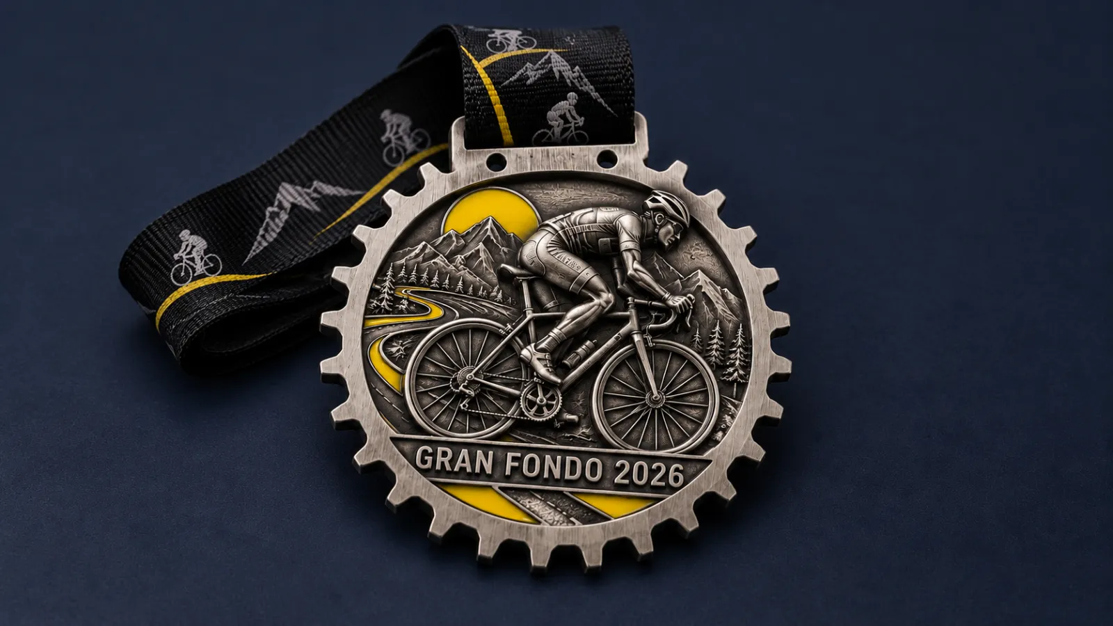 Cast cycling medal shaped like a chainring, reading GRAN FONDO 2026, with a raised rider, mountains and yellow enamel on a black printed ribbon