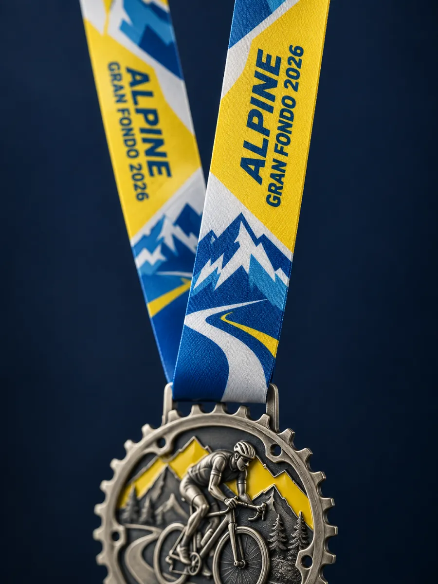 Blue and yellow printed ribbon reading ALPINE GRAN FONDO 2026 with a mountain pattern, the cast medal hanging below