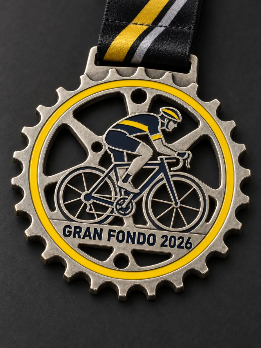 Cast medal shaped like a chainring: gear teeth around the edge, openwork spokes and a rider in navy and yellow enamel inside a yellow ring
