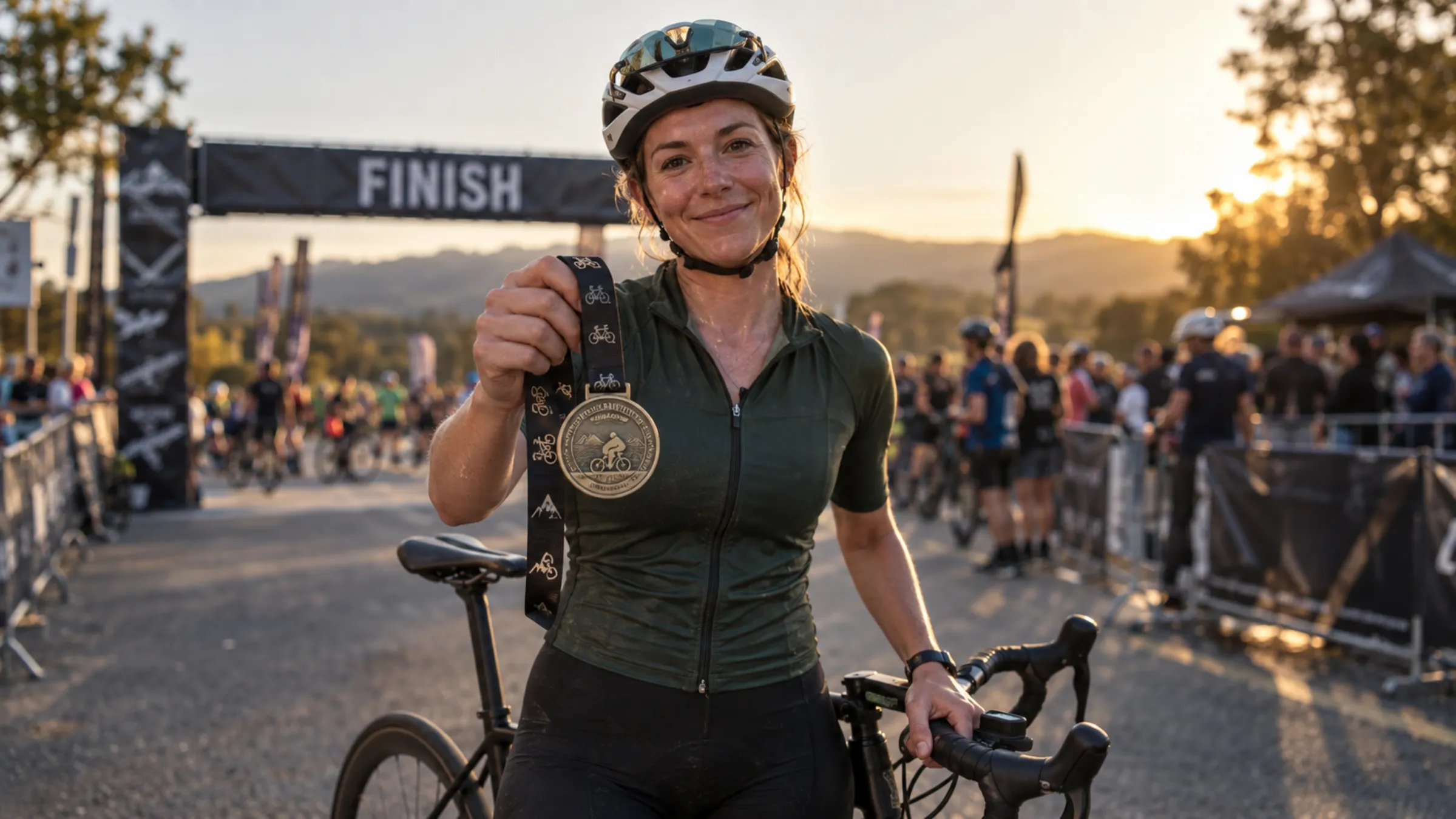 Cyclist at the finish of a gravel sportive at sunset, holding up a cast medal on a black printed ribbon next to their bike