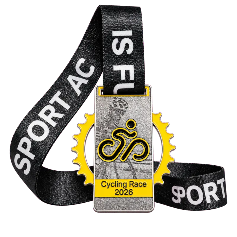 Cast 2D cycling medal: a flat yellow enamel cyclist symbol on a rectangular plate inside a yellow chainring, on a black printed ribbon