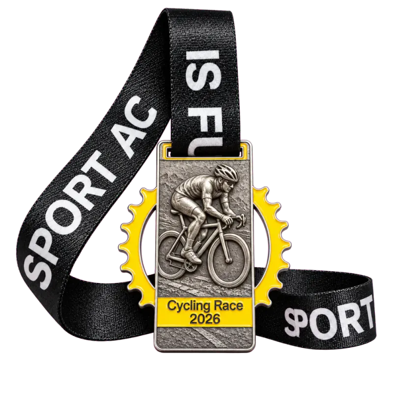 Cast 3D cycling medal: a raised road cyclist on a rectangular plate inside a yellow chainring, on a black printed ribbon