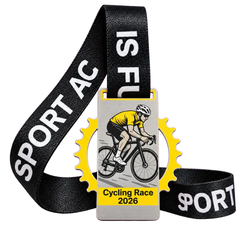 Printed steel cycling medal: a full-colour cyclist printed on brushed steel inside a yellow chainring, on a black printed ribbon
