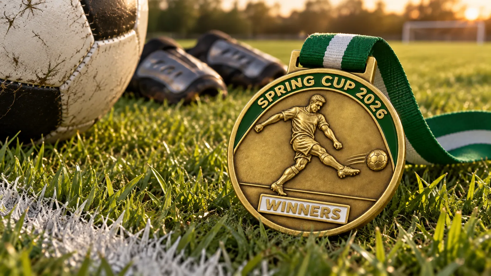 Gold football medal SPRING CUP 2026 with a player striking the ball in relief, green enamel band and a WINNERS plate, lying on the grass next to a worn football and shin pads