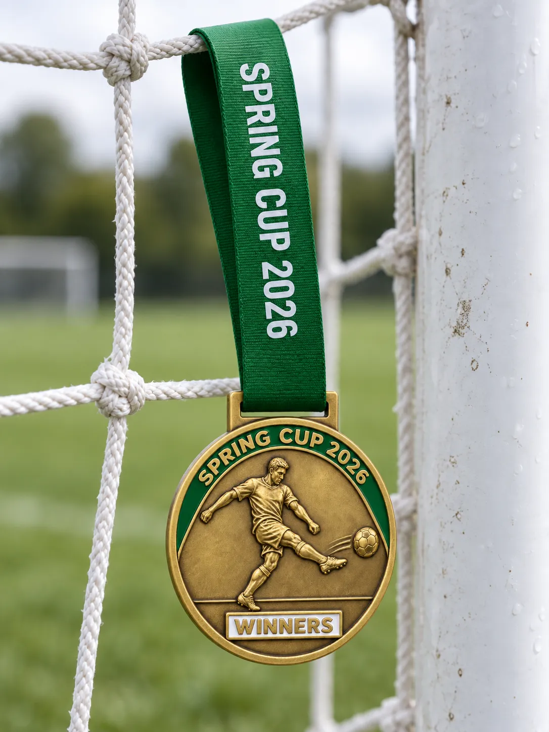 Green ribbon printed SPRING CUP 2026 hanging from a goal net, a football medal below