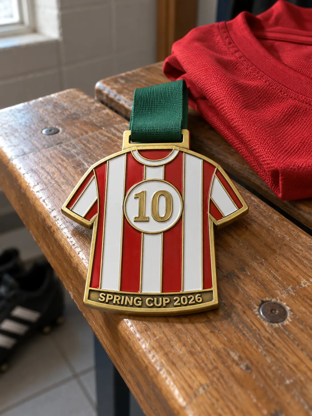 Die-cast medal shaped like a football shirt with red and white enamel stripes, the number 10 and SPRING CUP 2026 on the hem, on a changing room bench