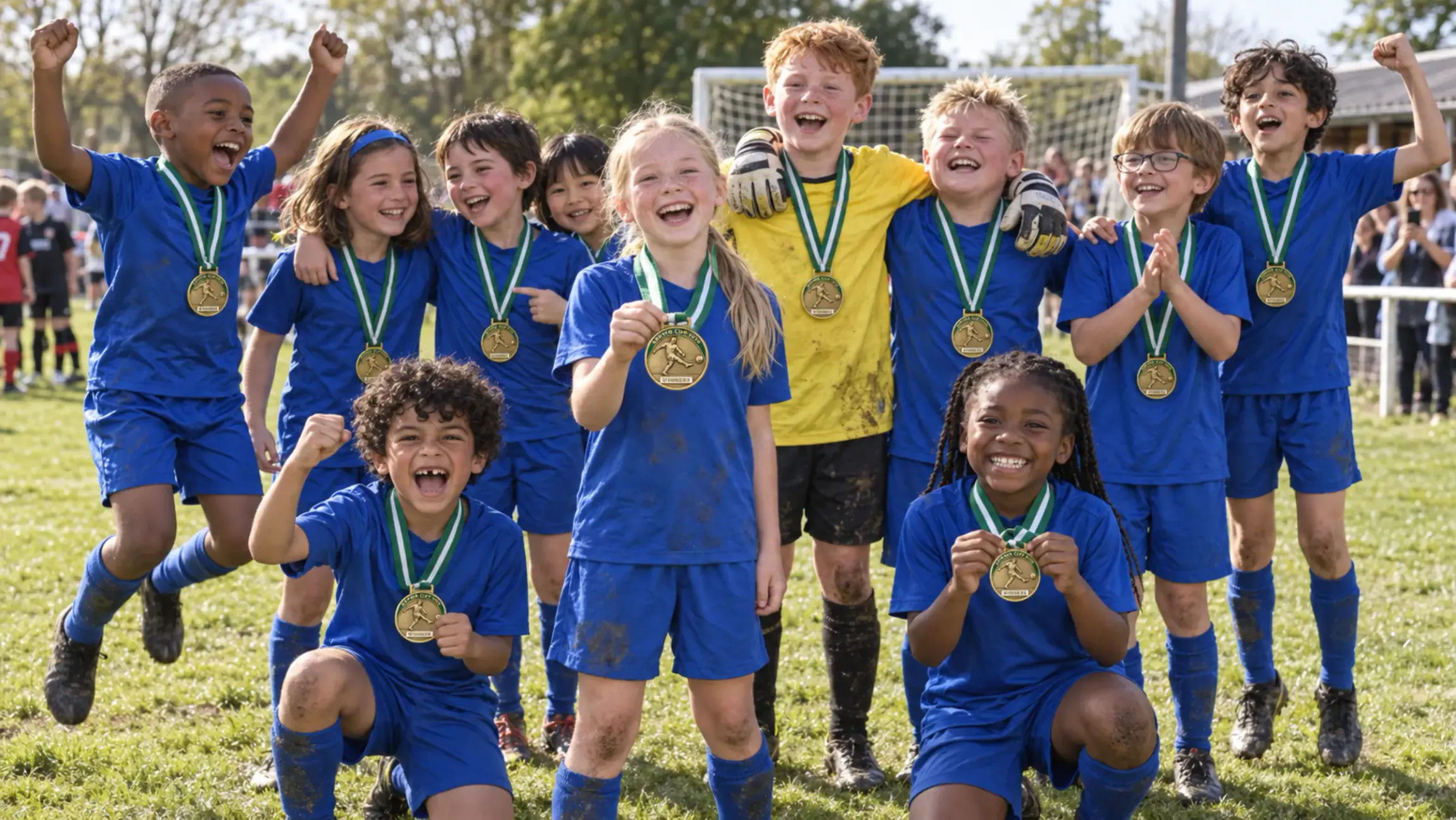 Under-11 football team of eleven boys and girls in plain blue kit, with the goalkeeper in yellow, celebrating on the pitch with gold medals after a tournament