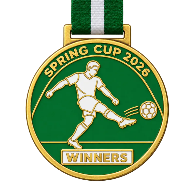 Cast 2D football medal: a player and ball as white enamel shapes with gold outlines on a green enamel background, SPRING CUP 2026 and a WINNERS plate