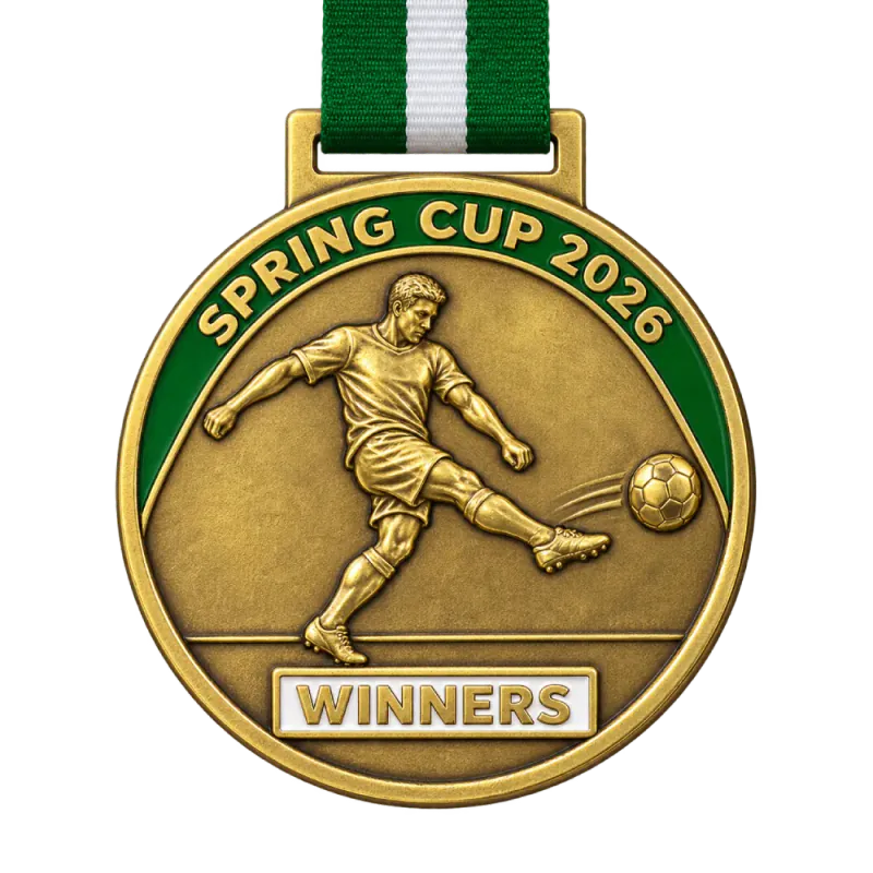 Cast 3D football medal: a player striking the ball in shallow relief, SPRING CUP 2026 on a green enamel band and a WINNERS plate