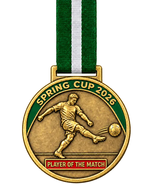 Gold football medal SPRING CUP 2026 with a player striking the ball in relief and a PLAYER OF THE MATCH plate