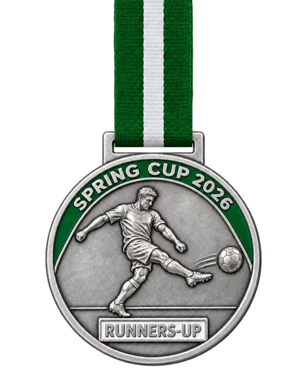 Silver football medal SPRING CUP 2026 with a player striking the ball in relief and a RUNNERS-UP plate