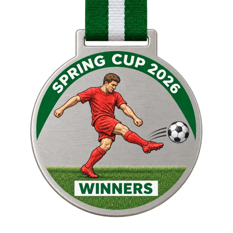 Printed steel football medal: a player in a red kit striking the ball, printed in full colour on brushed steel, SPRING CUP 2026 and a WINNERS plate