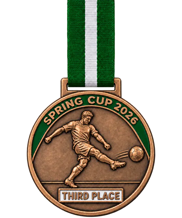 Bronze football medal SPRING CUP 2026 with a player striking the ball in relief and a THIRD PLACE plate