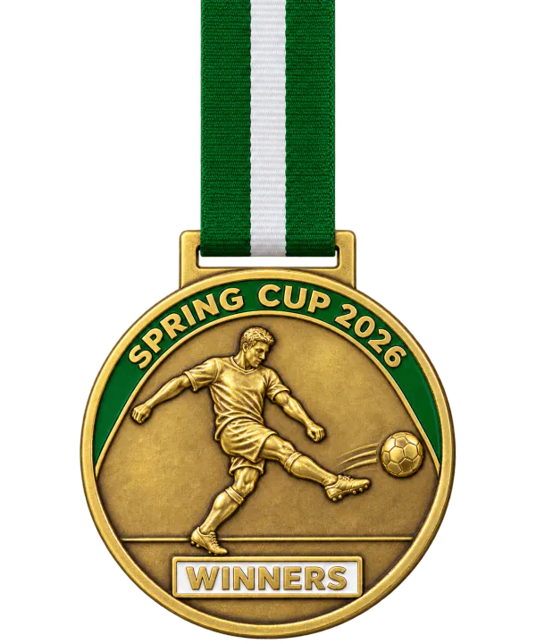 Gold football medal SPRING CUP 2026 with a player striking the ball in relief and a WINNERS plate