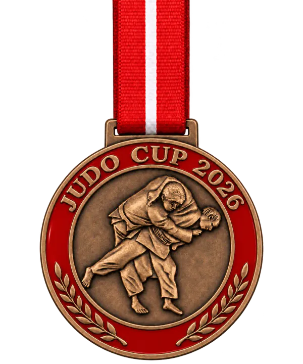 Bronze judo medal JUDO CUP 2026 with two judoka mid-throw and red enamel, on a red ribbon