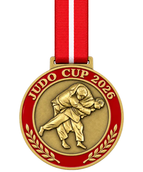 Gold judo medal JUDO CUP 2026 with two judoka mid-throw and red enamel, on a red ribbon