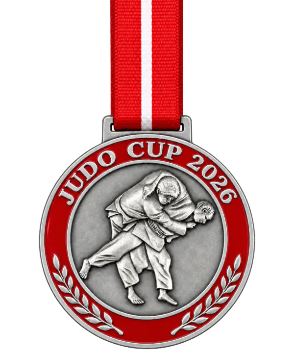 Silver judo medal JUDO CUP 2026 with two judoka mid-throw and red enamel, on a red ribbon
