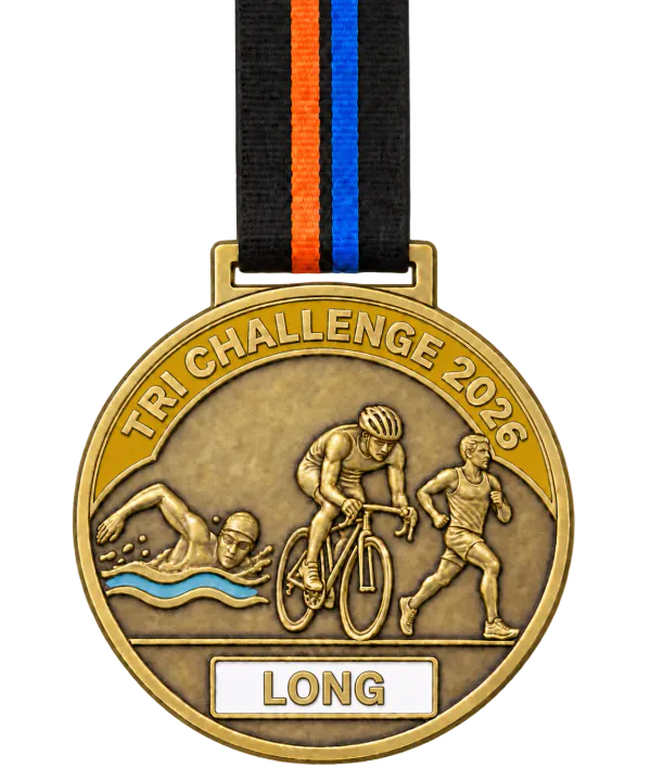 Triathlon medal TRI CHALLENGE 2026 with a gold enamel band and a LONG plate, a swimmer, a cyclist and a runner in relief