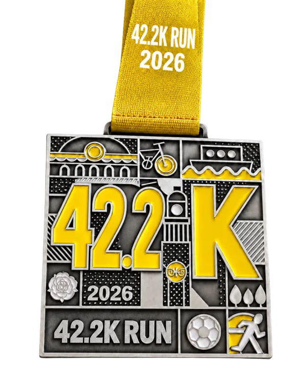 Marathon medal: the same cast design with a gold enamel 42.2K and a gold printed ribbon