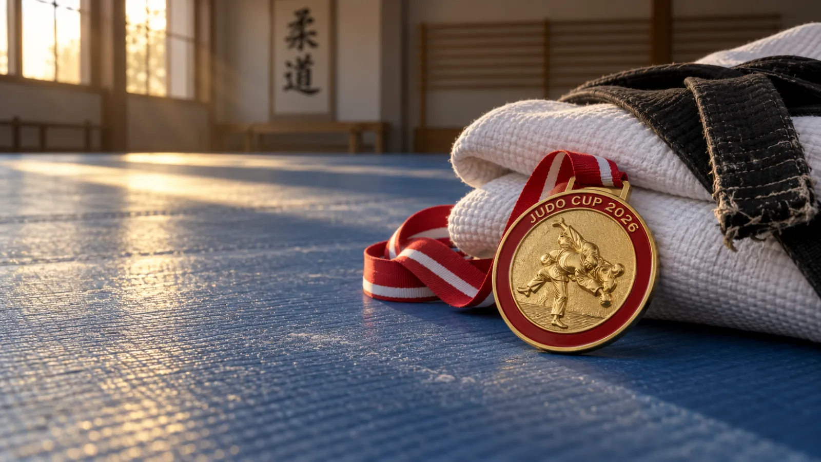Gold judo medal with two judoka mid-throw and the text JUDO CUP 2026, lying on blue tatami next to a folded white judogi and a black belt