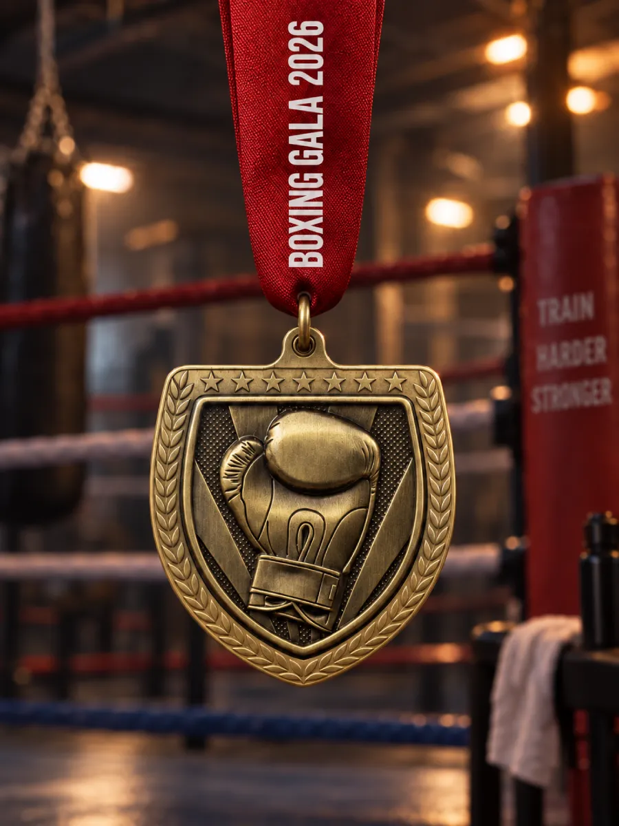 Shield-shaped boxing medal in antique gold with a glove in relief and a laurel border, on a red ribbon printed BOXING GALA 2026, boxing ring behind