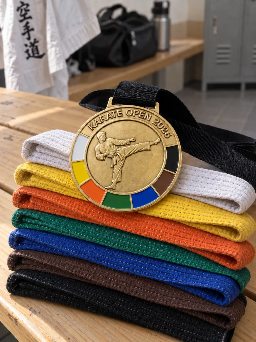 Karate medal with a kicking figure in the centre and a ring of enamel in seven belt colours, reading KARATE OPEN 2026, on a stack of coloured belts