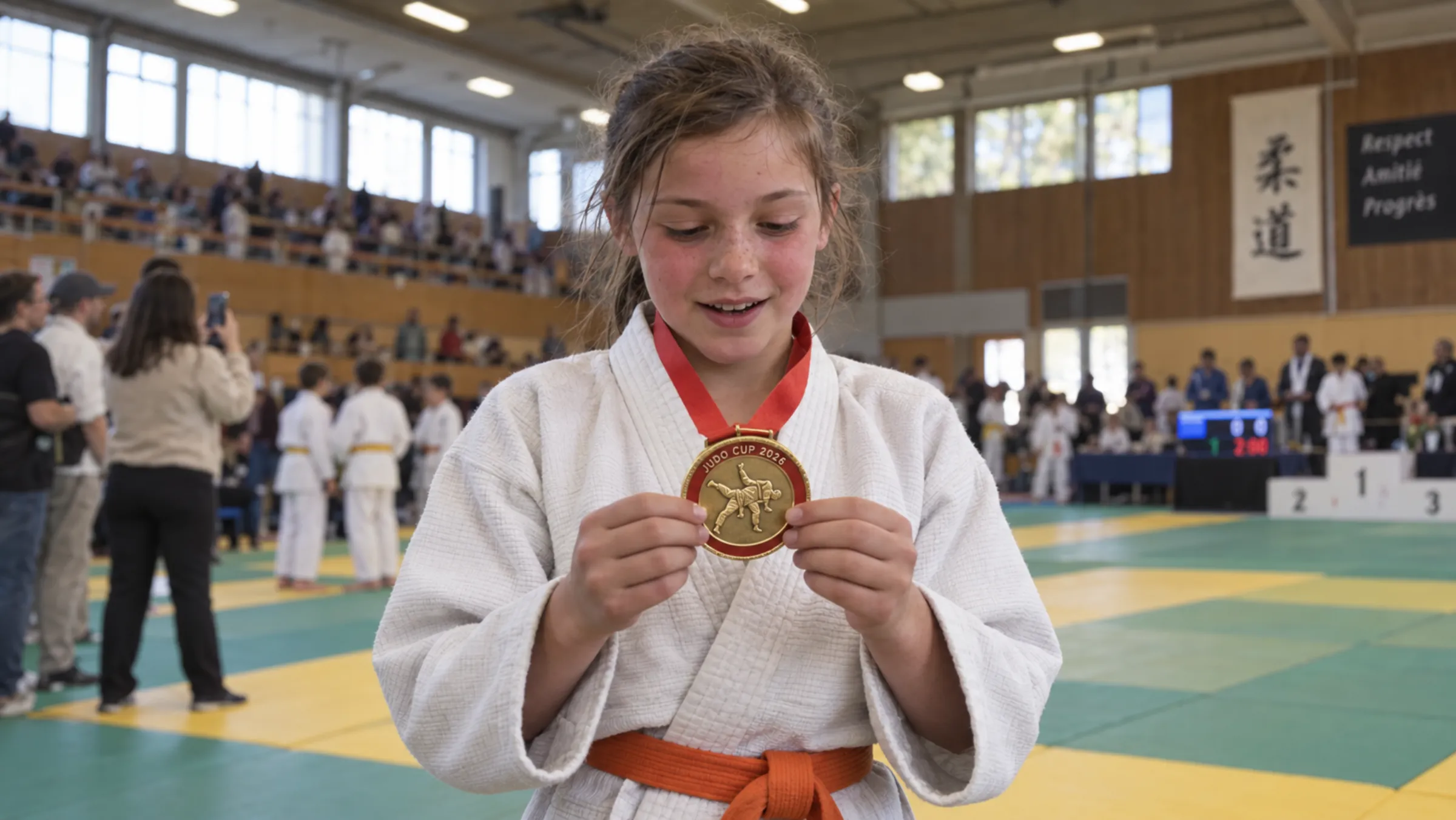 Young judoka in a white judogi with an orange belt holding up a gold medal on a red ribbon at a tournament in a school sports hall