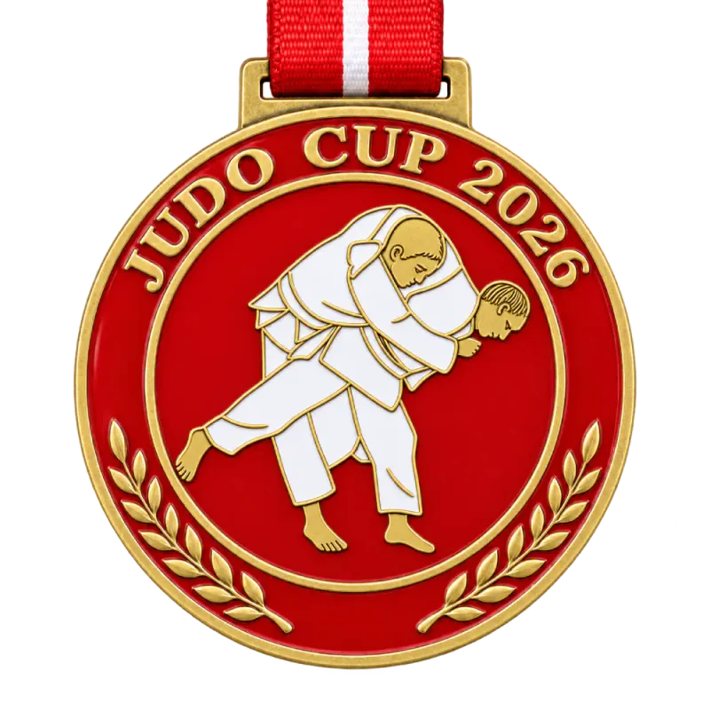 Cast 2D judo medal: two judoka as flat raised outlines filled with white and red enamel, text JUDO CUP 2026, on a red ribbon