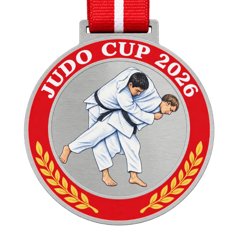 Printed steel judo medal: two judoka printed in full colour on brushed steel, text JUDO CUP 2026, on a red ribbon