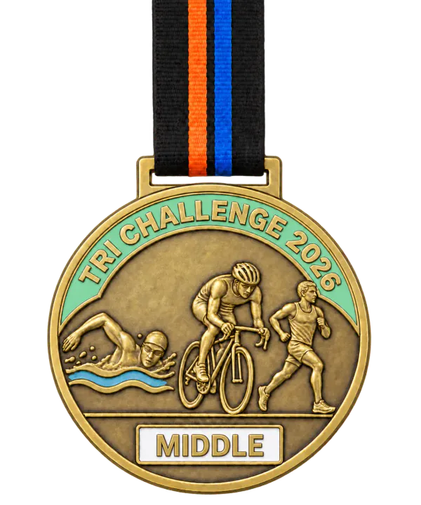 Triathlon medal TRI CHALLENGE 2026 with a mint green enamel band and a MIDDLE plate, a swimmer, a cyclist and a runner in relief