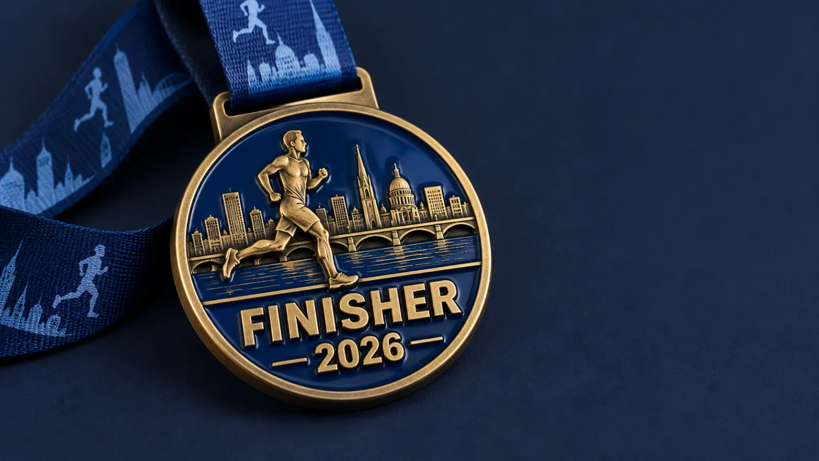 Die-cast finisher medal with a raised runner, city skyline and river bridge in antique gold with blue enamel, reading FINISHER 2026