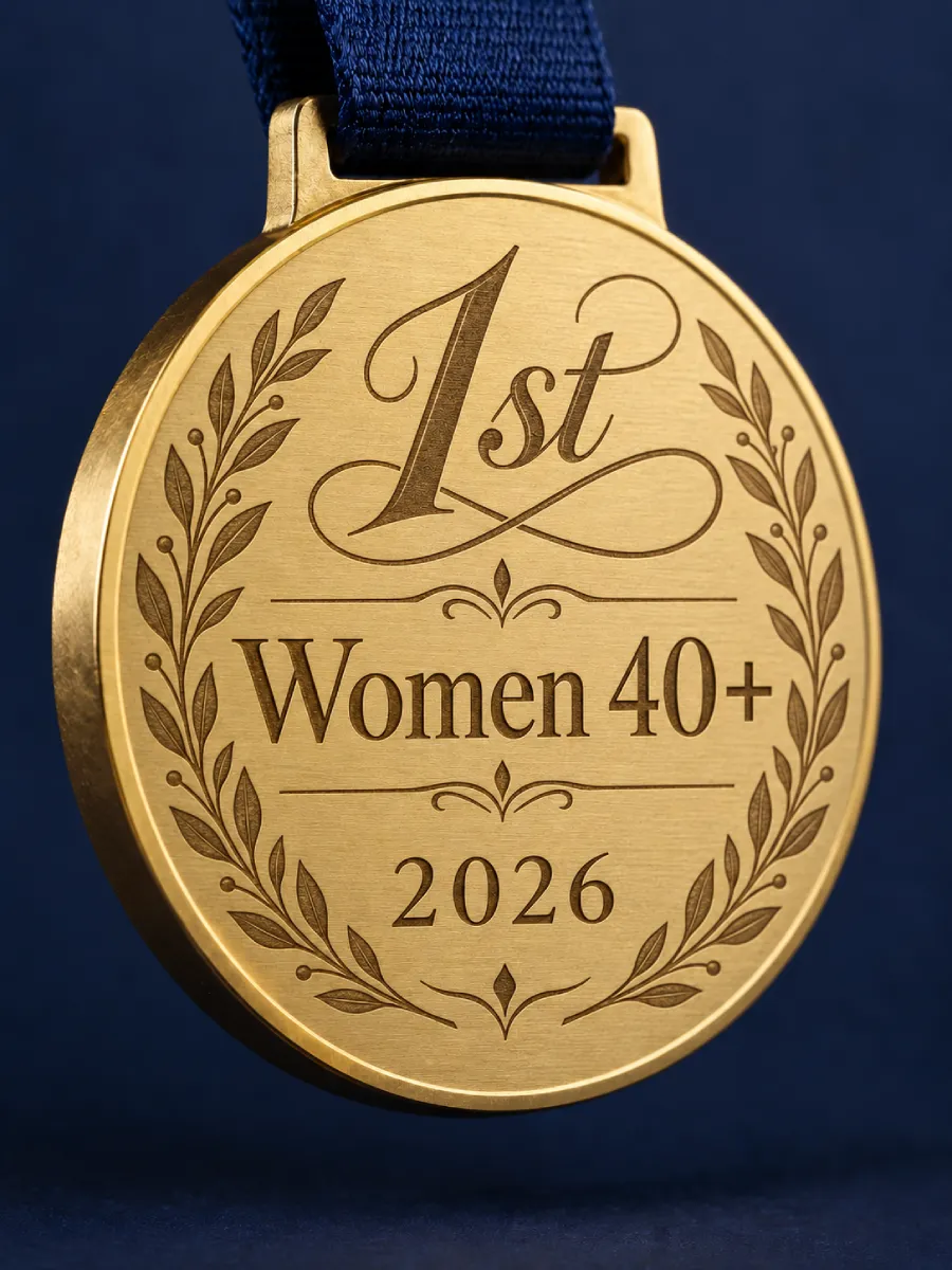Back of a gold medal engraved with 1st, Women 40+ and 2026 inside a laurel wreath