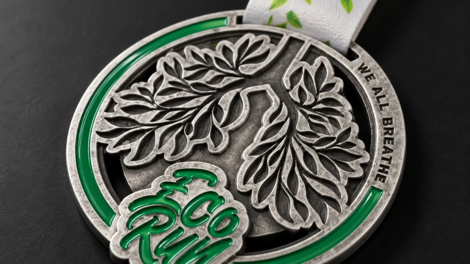 Eco run medal with openwork leaves shaped like lungs, green enamel and the words WE ALL BREATHE on the rim