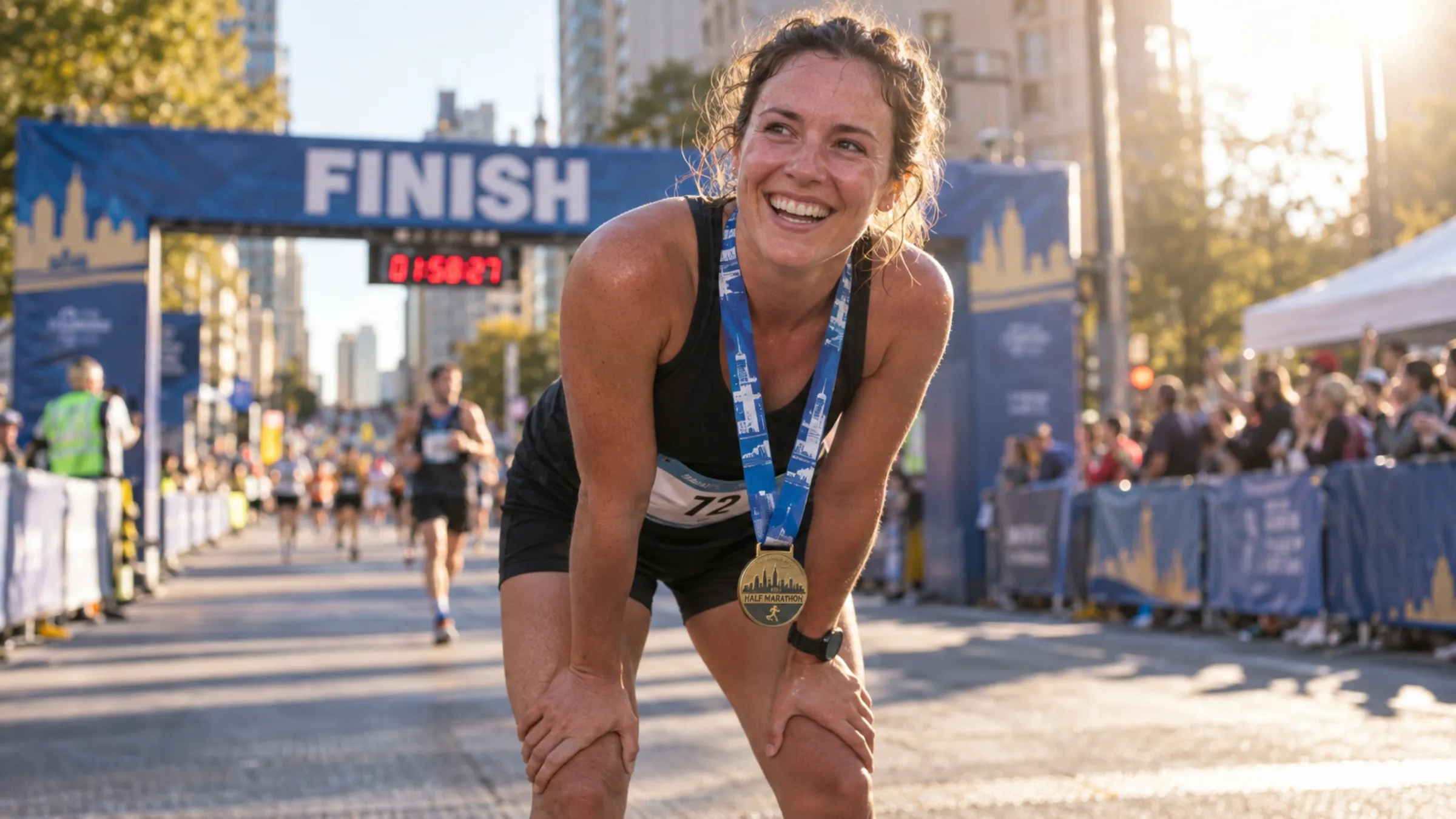 Smiling runner at a city half marathon finish line, hands on knees, wearing a gold finisher medal on a printed blue ribbon