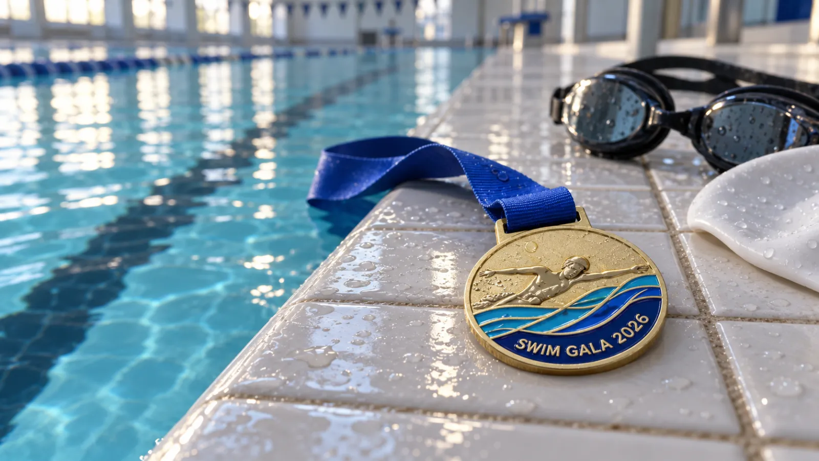 Gold swimming medal SWIM GALA 2026 with a swimmer in relief above blue enamel waves, lying on wet pool tiles next to goggles and a swim cap