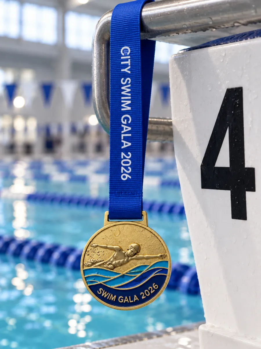 Blue ribbon printed CITY SWIM GALA 2026 hanging from the handle of a starting block marked 4, a swimming medal below and the pool behind