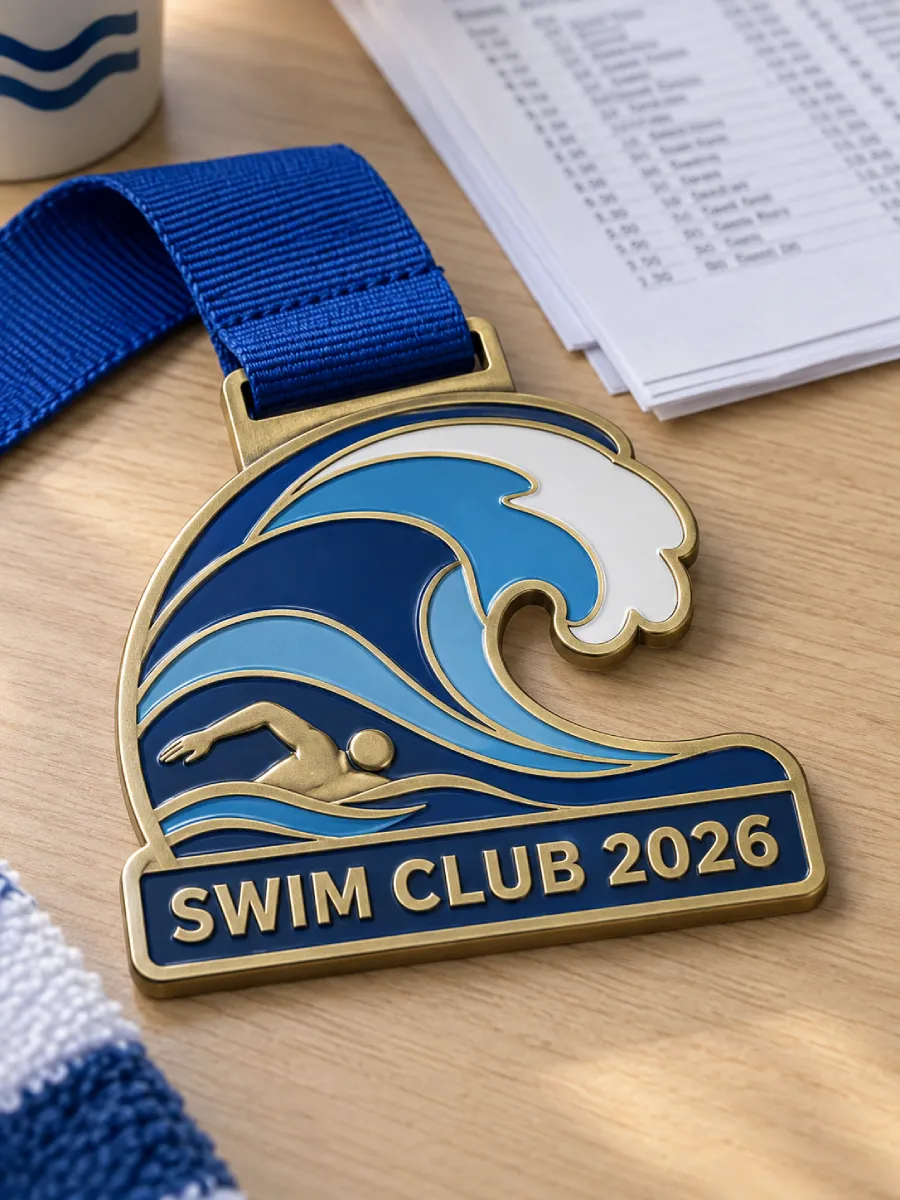 Die-cast medal shaped like a breaking wave, with dark blue, light blue and white enamel, a swimmer in relief and SWIM CLUB 2026 on a navy base