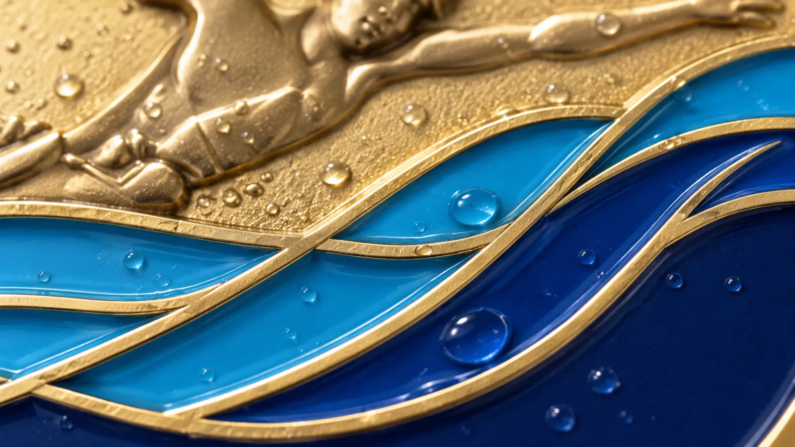 Macro of a cast swimming medal: raised polished wave lines with dark and light blue enamel between them, small water droplets on the surface
