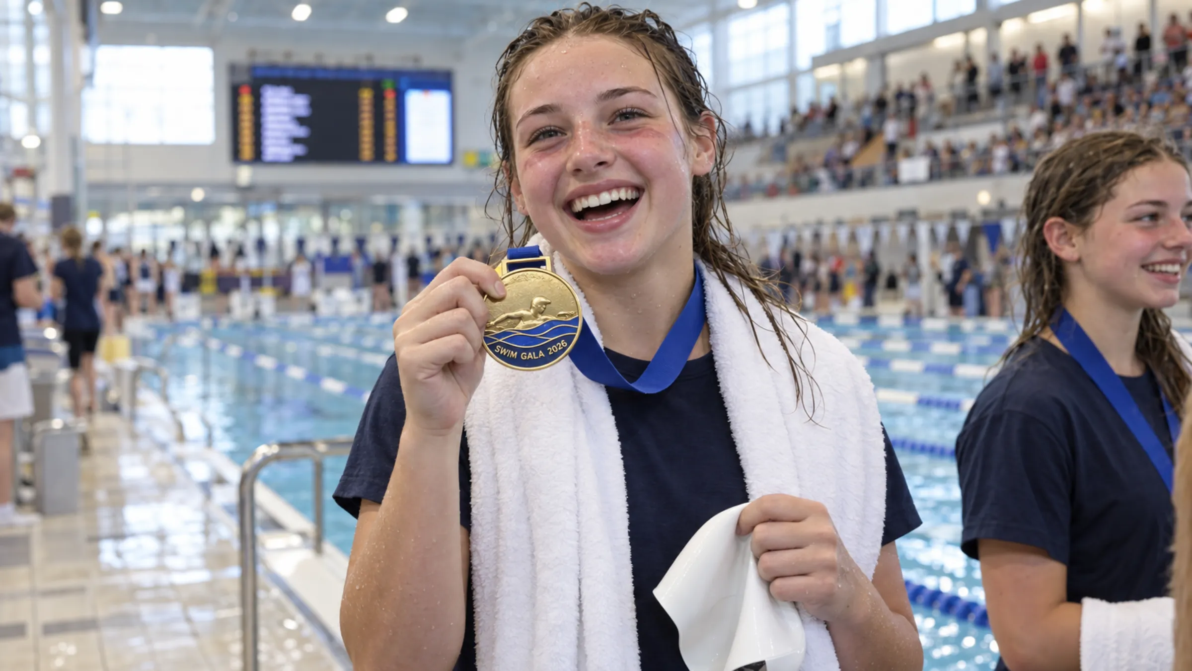 Teenage swimmer with wet hair in a navy club T-shirt and a white towel over her shoulders, laughing and holding up a gold medal on a blue ribbon at an indoor 50 m pool