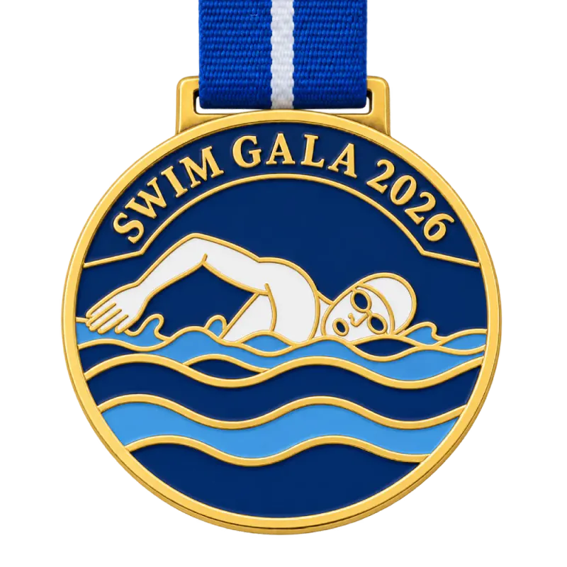 Cast 2D swimming medal: a swimmer and waves as flat raised outlines filled with white and blue enamel, SWIM GALA 2026 on a navy enamel band