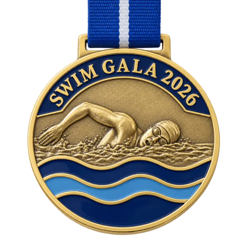 Cast 3D swimming medal: a swimmer doing front crawl in shallow relief above waves in dark and light blue enamel, SWIM GALA 2026 on a navy enamel band