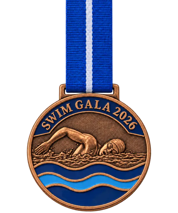 Bronze swimming medal SWIM GALA 2026 with a swimmer in relief above blue enamel waves, on a blue ribbon
