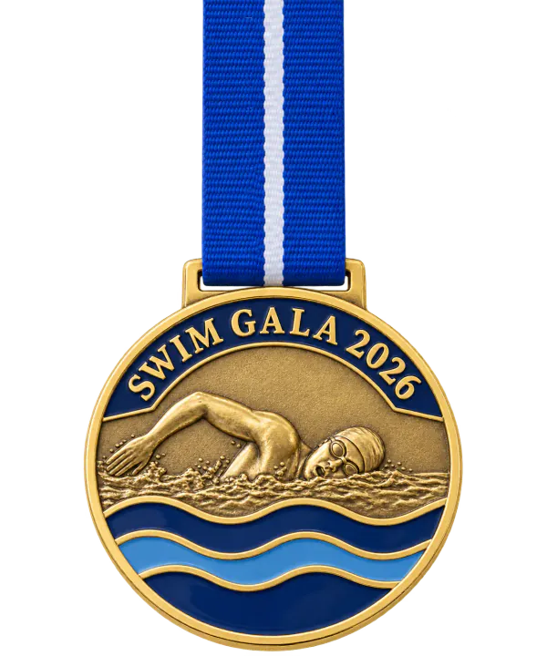 Gold swimming medal SWIM GALA 2026 with a swimmer in relief above blue enamel waves, on a blue ribbon