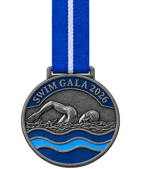 Black nickel participation swimming medal SWIM GALA 2026 with a swimmer in relief above blue enamel waves, on a blue ribbon