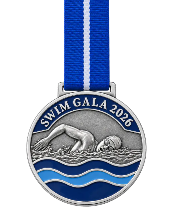 Silver swimming medal SWIM GALA 2026 with a swimmer in relief above blue enamel waves, on a blue ribbon