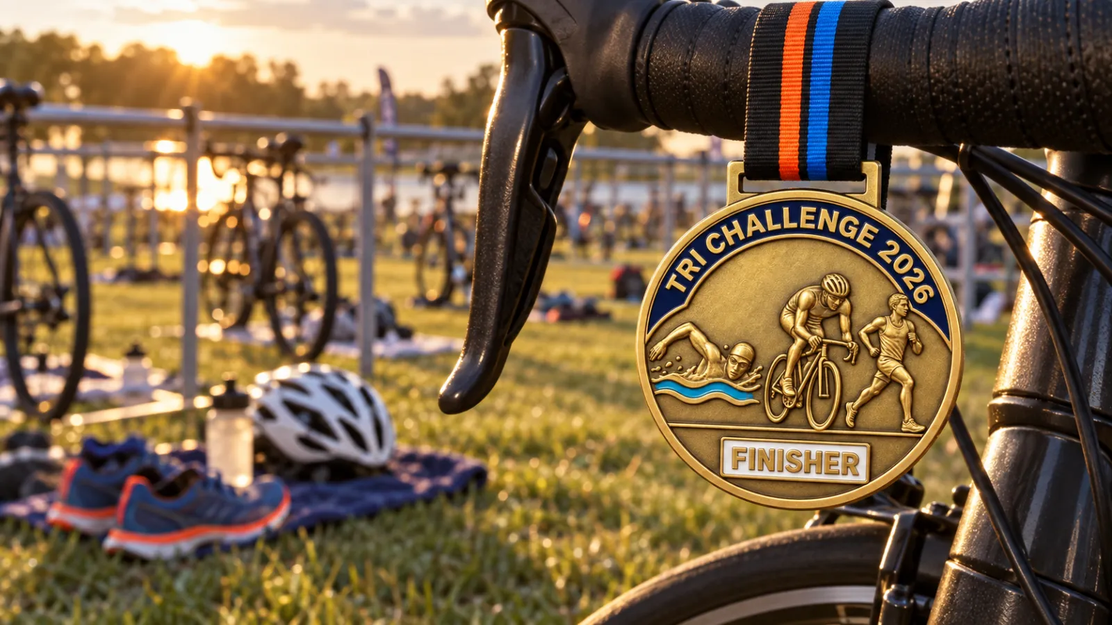 Gold triathlon medal TRI CHALLENGE 2026 with a swimmer, a cyclist and a runner in relief, hanging from the handlebar of a road bike in a transition area