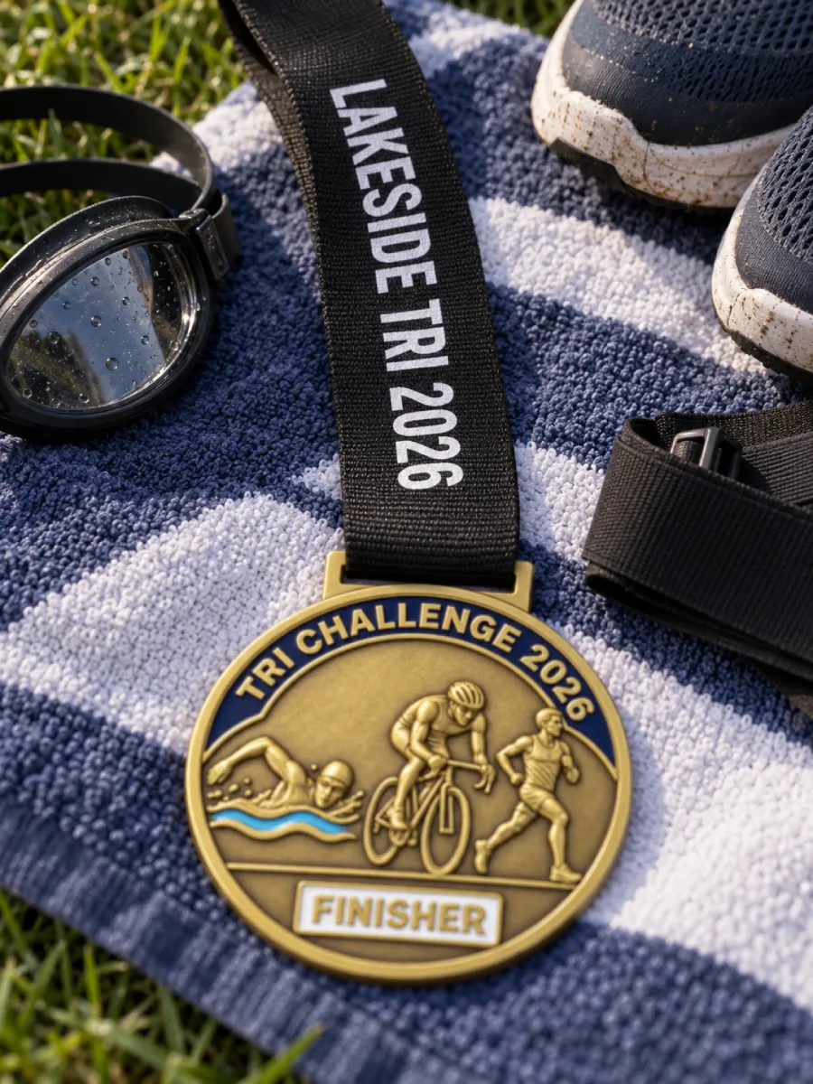 Black ribbon printed LAKESIDE TRI 2026 on a transition towel with goggles, a race number belt and running shoes, the triathlon medal below