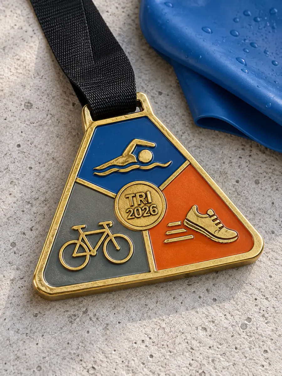 Triangle-shaped die-cast medal with three enamel fields: blue with a swimmer, grey with a bicycle and orange with a running shoe, TRI 2026 in the centre